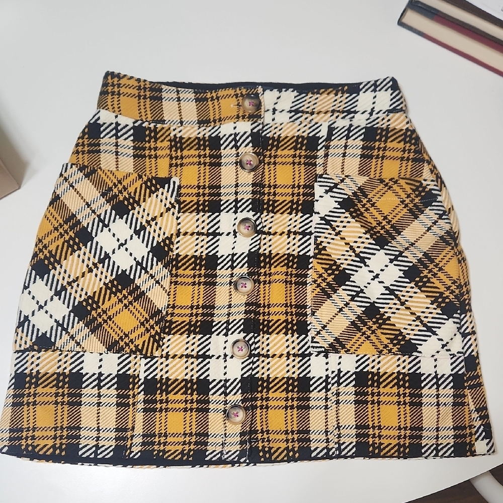 Anthropologie Plaid Button-Front Skirt W/pockets